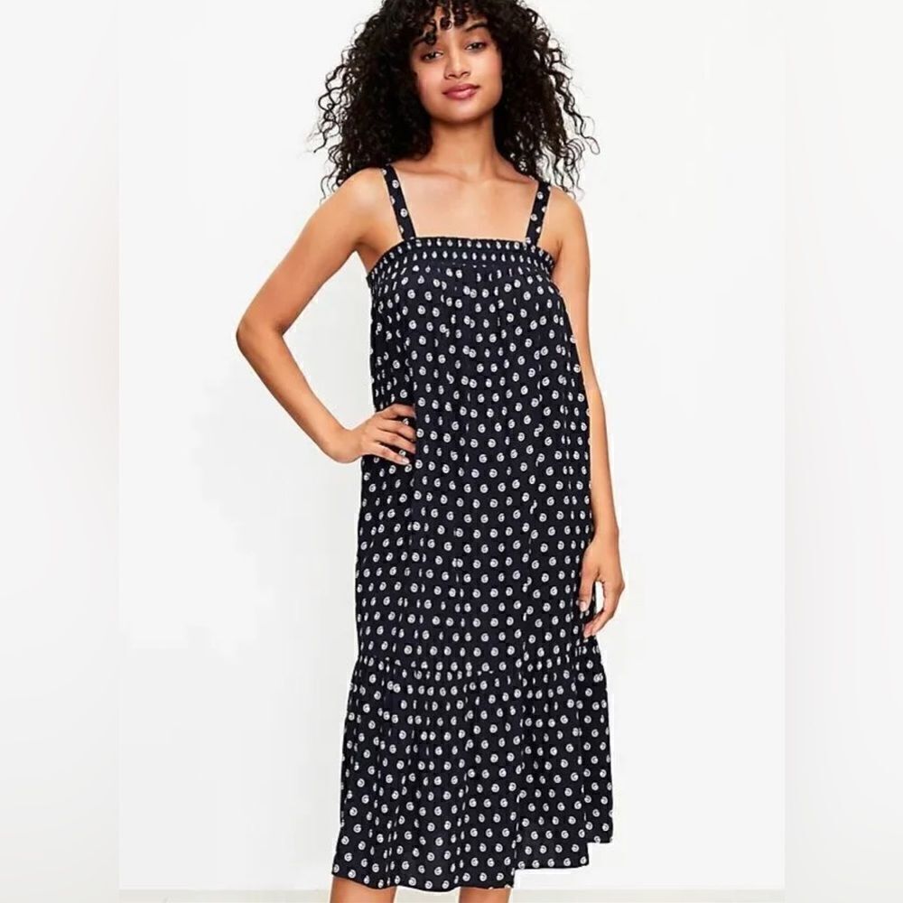 NWOT LOFT Navy Ocean Shell Smocked Pockets Ruffle Midi Tank Dress size MP